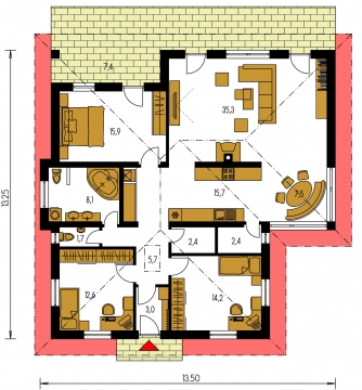 Spiegelverkehrter Entwurf | Grundriss des Erdgeschosses - BUNGALOW 32